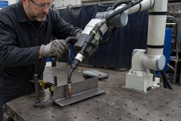 Operator hand-guiding a drag-teaching collaborative welding robot