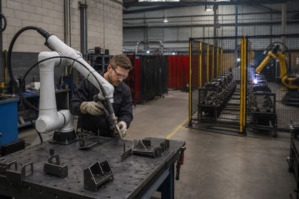 Operator hand-guiding a drag-teaching collaborative welding robot