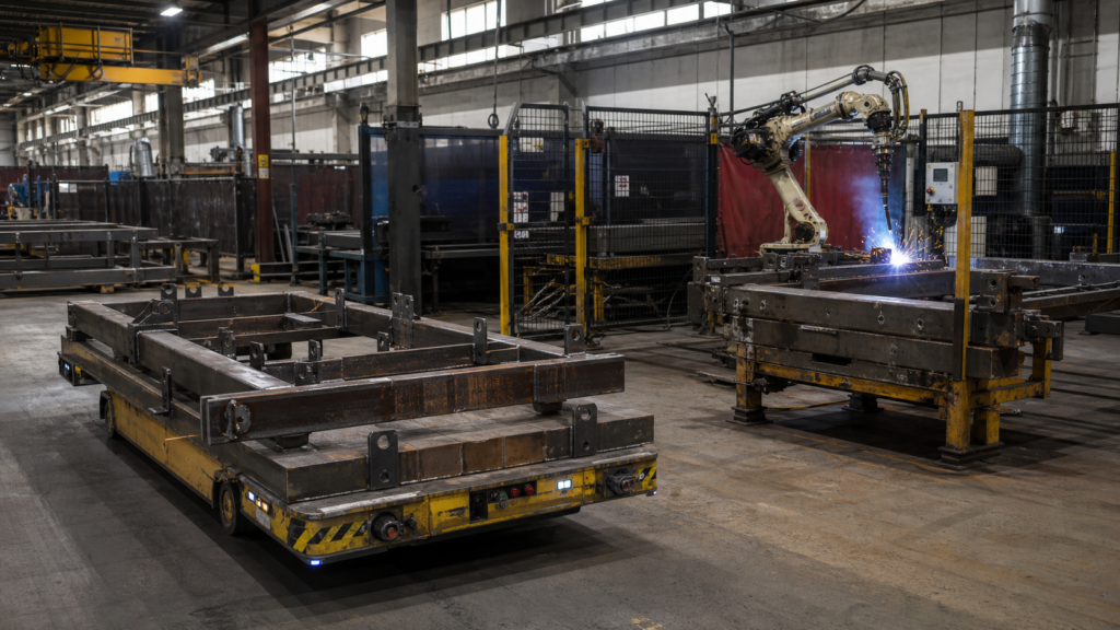 Automated welding production line with AGV and robotic welding cell