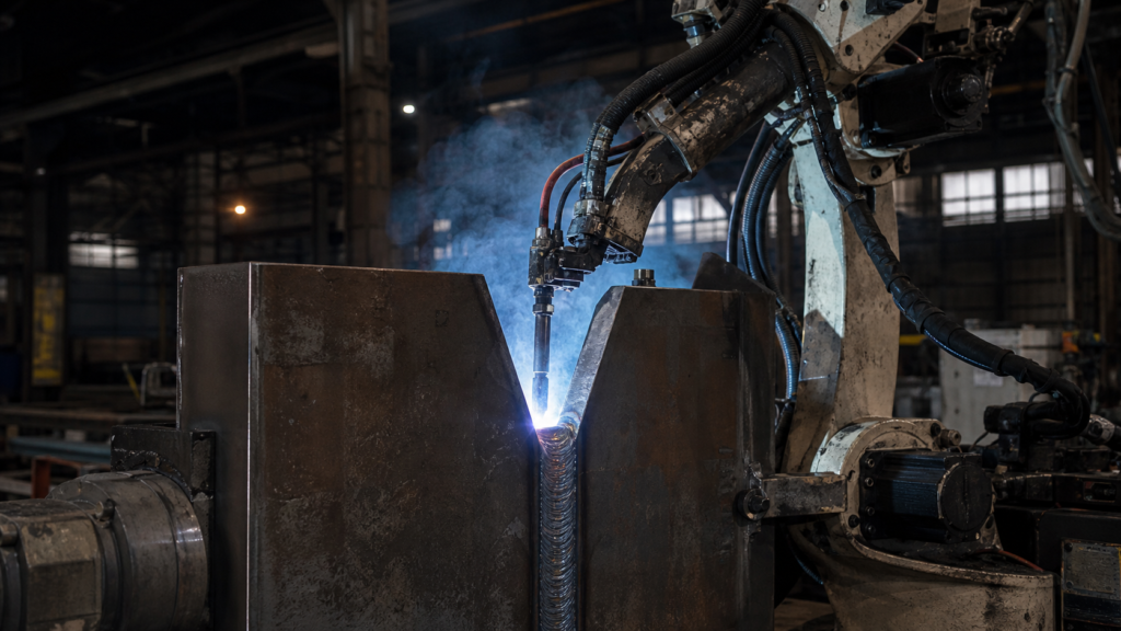 Heavy plate robotic welding system performing multi-pass groove welding