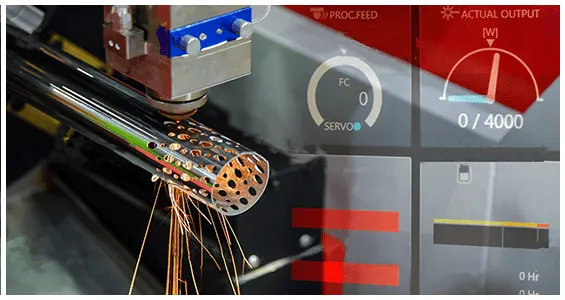 A fiber laser cutting head working on a perforated steel tube