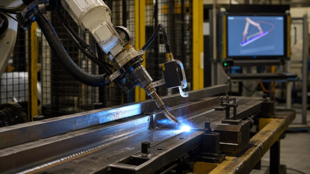Robotic welding programming software guiding an industrial robot along a steel weld seam
