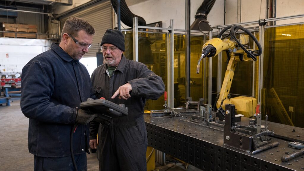 Robotic welding training program with an experienced welder learning to operate an industrial welding robot