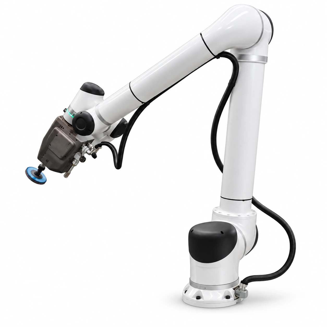 Robot collaborativo bianco con mandrino di smerigliatura e disco abrasivo