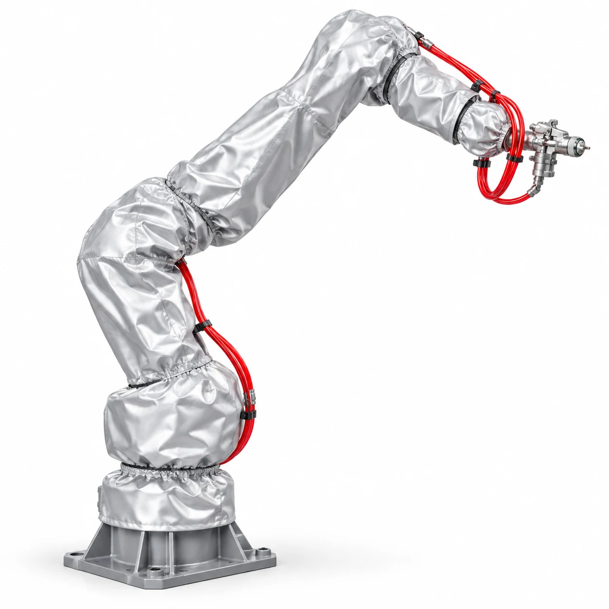 Robot de peinture illustratif avec housse de protection et pistolet, sur fond blanc