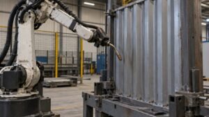 Corrugated panel welding automation illustrated in a practical industrial workshop