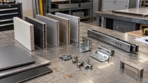 Metal furniture panel selection illustrated in a practical industrial workshop