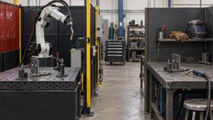 Robotic vs manual welding illustration showing separate robot and manual preparation stations