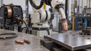 Robotic welding arc start failure inspection illustration with a MIG torch, contact tips and liner