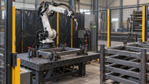 Robotic welding ROI calculation illustration showing a fixture-mounted frame and repeatable production parts