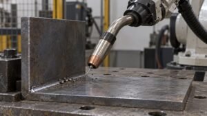 Robotic welding start spatter illustrated by solidified droplets beside a steel fillet weld and an inactive MIG torch