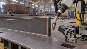 Shipbuilding wraparound weld automation illustrated in a practical industrial workshop