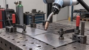 Thin sheet lap joint welding automation illustrated in a practical industrial workshop