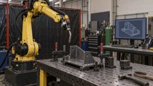 Welding robot cad model preparation illustrated in a practical industrial workshop