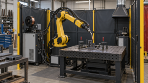 Welding robot cost estimate illustration showing the robot, welding package, fixture table and process support equipment