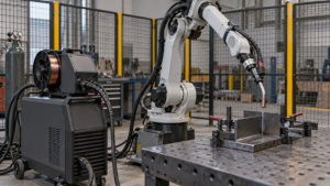 Welding robot price evaluation illustrated by a welding power source, wire feeder and robot beside clamped steel coupons.